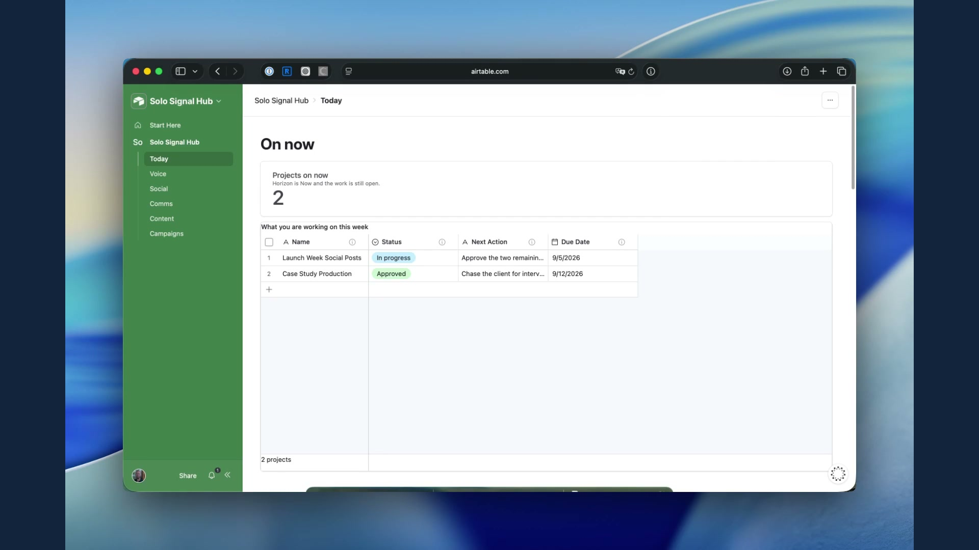 The Solo Signal Hub Today page in Airtable, the opening frame of the demo video