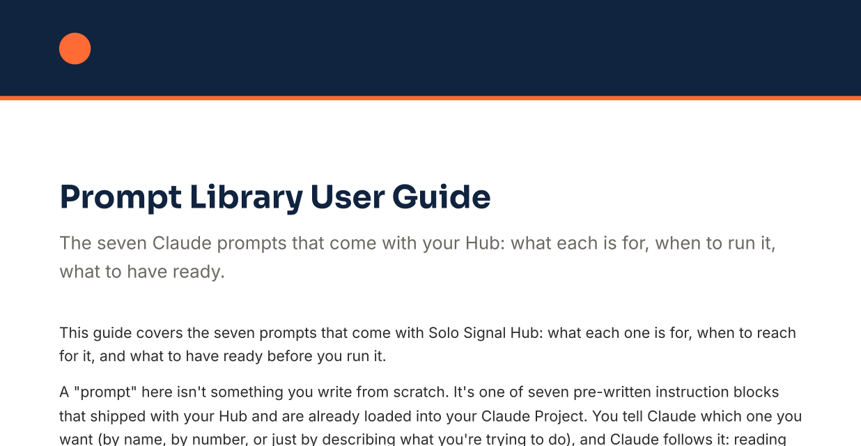 The Solo Signal Hub Prompt Library User Guide document, cover page