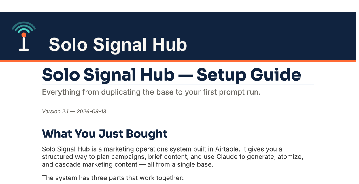 The Solo Signal Hub Setup Guide document, cover page